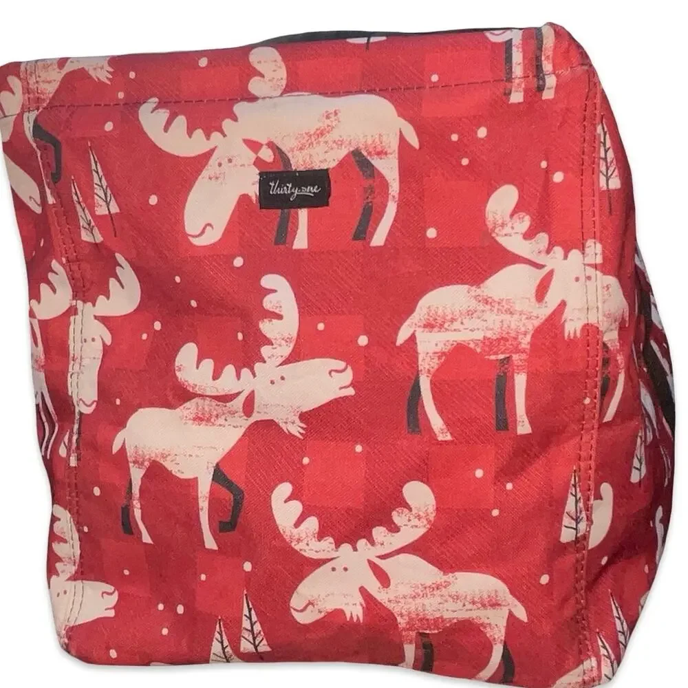 Thirty-One Large Utility Tote Bag Moose Mischief Red Plaid Organizing Basket